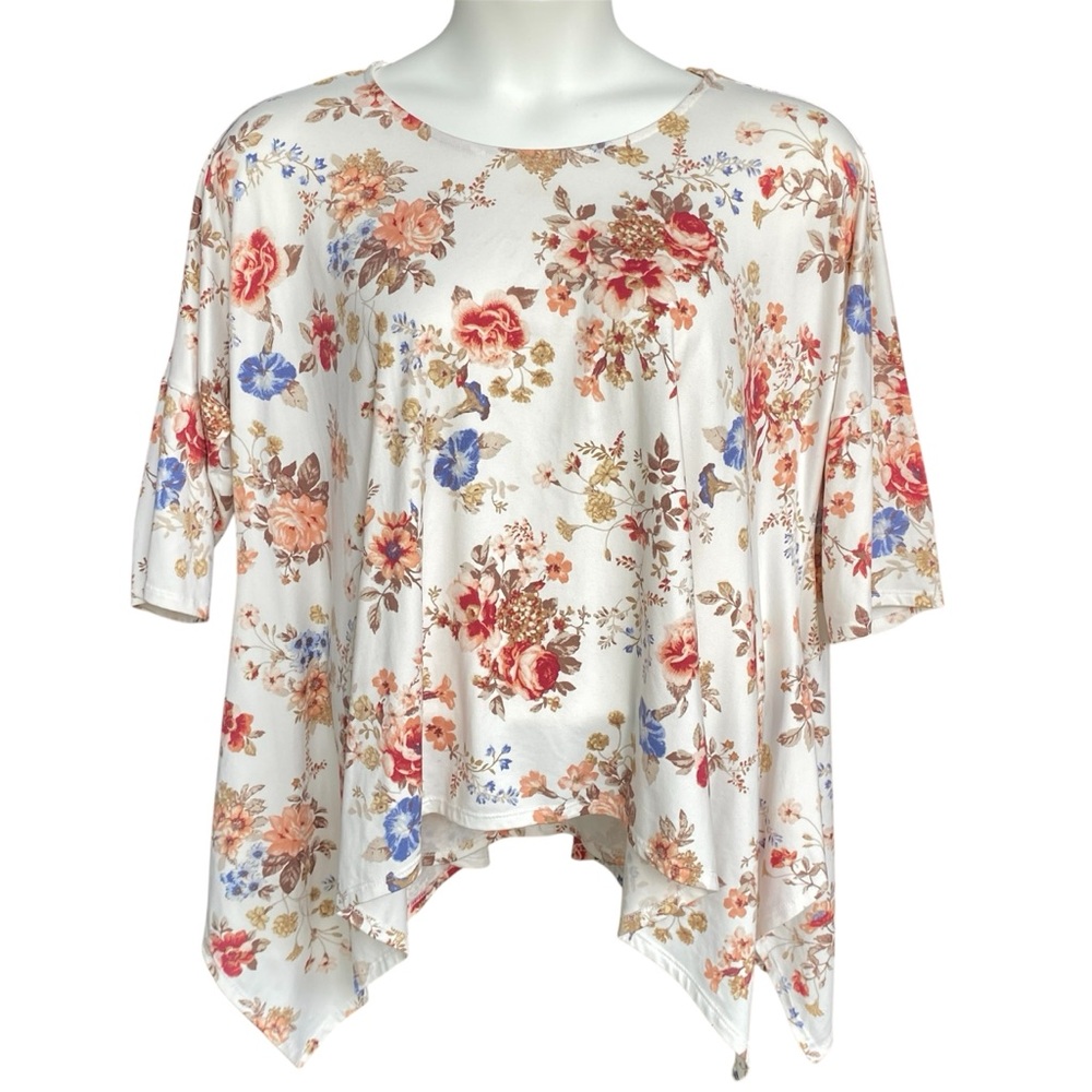 White Birch Floral Shark Bite Top Womens Size XL Fall Blouse Drop Shoulder Tunic